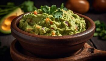 frisch Guacamole tauchen mit organisch Gemüse und Gewürze generiert durch ai foto