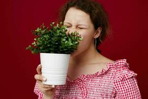 attraktiv jung Frau drin stehen und halten Blume im Topf isoliert Hintergrund foto