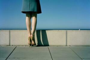 Frau Bein Fuß schön rot bunt Konzept Mode Schuh Schuhwerk Blau. generativ ai. foto