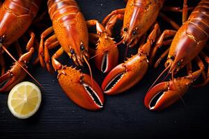 gekocht Hummer gekocht Meeresfrüchte rot Schale Essen Klaue Flusskrebs Hintergrund Langusten. generativ ai. foto