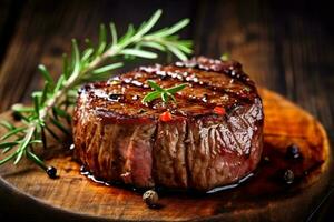 Steak Hintergrund gebraten Fleisch gegrillt Grill Rindfleisch Essen rot roh dunkel. generativ ai. foto
