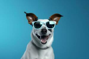 Lächeln Hund Sonnenbrille Porträt isoliert Haustier süß Tier Hintergrund Spaß lustig. generativ ai. foto
