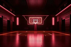 leeren Innen- Stadion Spiel Halle Innere Hintergrund Gang Licht Basketball Arena Neon. generativ ai. foto