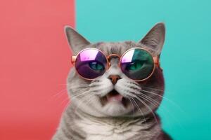 Haustier Neon- Mode Katze Sonnenbrille Porträt Tier süß komisch bunt. generativ ai. foto