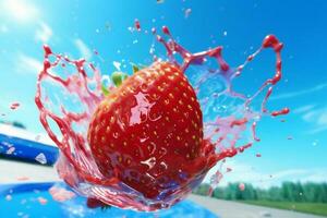 Obst Erdbeere Spritzen Blau rot Essen Frische gesund Wasser Hintergrund frisch. generativ ai. foto