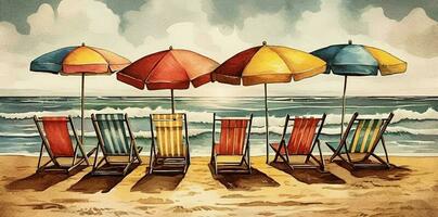 Aquarell Regenschirm entspannen Urlaub Sommer- Hintergrund Ferien Resort Strand sich ausruhen Stuhl. generativ ai. foto
