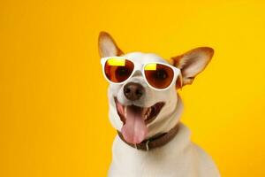 Hund Rasse Lächeln komisch Haustier isoliert Sonnenbrille süß Tier Porträt Hintergrund. generativ ai. foto
