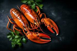 Meeresfrüchte Langusten Flusskrebs gekocht Hummer Hintergrund Tabelle Essen gekocht Klaue Rot. generativ ai. foto