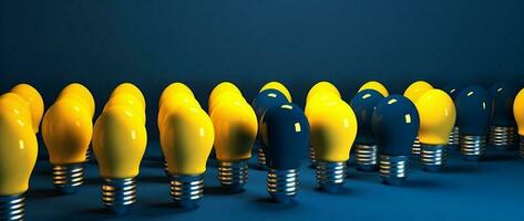 Birne Blau Leistung Idee Energie Gelb kreativ Hintergrund Innovation Konzept Licht. generativ ai. foto