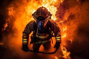 Feuer Rauch Kämpfer Ausrüstung Feuerwehrmann Rettung Uniform Notfall Sicherheit Feuerwehrmann. generativ ai. foto