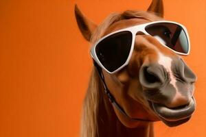 Pferd Hintergrund Porträt Lächeln Sonnenbrille Brille Tier Spaß bunt komisch Studio. generativ ai. foto