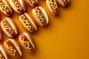 Hund Hintergrund amerikanisch schnell Soße Fleisch Würstchen Essen heiß Tomate Brot. generativ ai. foto