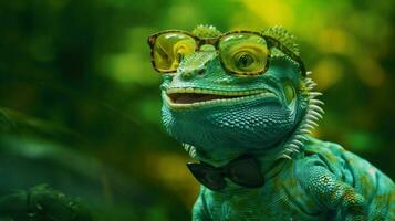 Brille Grün Leguan Porträt Rahmen Eidechse Tierwelt Reptil Nahansicht Tier. generativ ai. foto