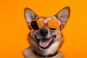Hund komisch klein Sonnenbrille Hintergrund Haustier Lächeln isoliert Porträt süß Tier. generativ ai. foto