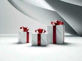 Weihnachten Paket Band Geschenk Weiß Box Überraschung Geschenk isoliert Rot. generativ ai. foto