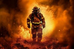 Notfall Uniform Sicherheit Kämpfer Rettung Rauch Feuer Ausrüstung Feuerwehrmann Feuerwehrmann. generativ ai. foto
