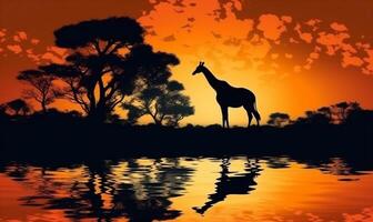 Tier Silhouette wild Elefant Safari Natur Tierwelt Giraffe Afrika Sonnenuntergang. generativ ai. foto