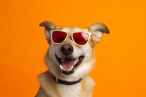 Hund Sonnenbrille Porträt Haustier süß Hintergrund Tier Orange isoliert komisch lächeln. generativ ai. foto