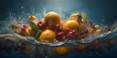 frisch fallen gesund Grün Essen Obst Hintergrund tropisch Vitamin Erdbeere Wasser. generativ ai. foto