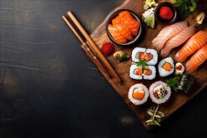 Sushi Fisch Essen Meeresfrüchte japanisch rollen gesund Reis asiatisch frisch. generativ ai. foto