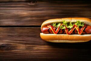 Essen Hund Hintergrund Fleisch Soße schnell amerikanisch Brot dunkel heiß Wurst. generativ ai. foto