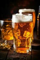 Getränk Bier Lagerbier trinken Glas Schaum Gold Kneipe Alkohol Pint. generativ ai. foto