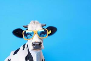Tier Raum Kopf Gesicht Hintergrund Kuh Blau Sonnenbrille Porträt Kopieren komisch Brille. generativ ai. foto