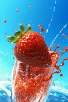 Erdbeere Hintergrund Obst Essen gesund Wasser rot Spritzen Frische Blau frisch. generativ ai. foto