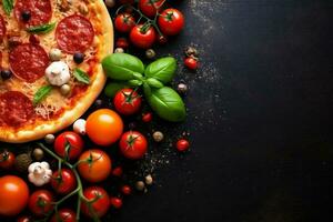 Käse Essen Italienisch Mahlzeit Raum schnell Kopieren Essen schwarz Hintergrund Pizza Tomate Soße. generativ ai. foto
