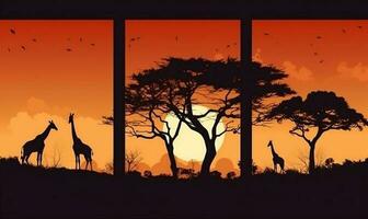 Sonnenuntergang wild Tier Safari Elefant Tierwelt Silhouette Natur Afrika Giraffe. generativ ai. foto