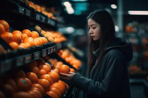 Frau Lebensmittelgeschäft Geschäft Markt Essen gesund Gemüse Obst Nacht Gesundheit Einkaufen. generativ ai. foto