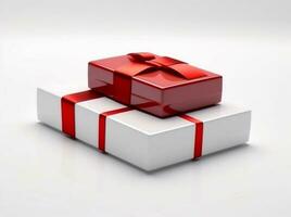 Geschenk rot Box Paket Weihnachten isoliert Geschenk Überraschung Band Weiß. generativ ai. foto