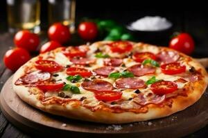 gekocht Italienisch Kopieren Tomate Hintergrund Käse schwarz Essen schnell Pizza Raum Mahlzeit Lebensmittel. generativ ai. foto