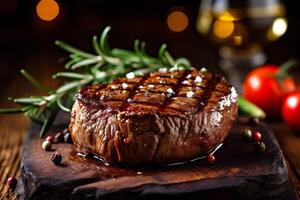 Steak Essen Rindfleisch Beefsteak dunkel rot Hintergrund gebraten Grill roh Fleisch. generativ ai. foto