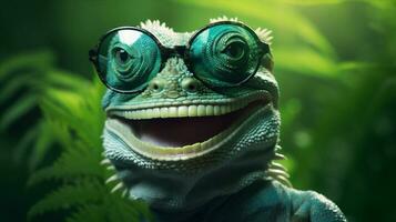 Grün Eidechse Tierwelt Porträt Leguan Tier Rahmen Nahansicht Brille Reptil. generativ ai. foto
