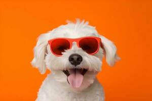 Haustier Hund Tier Hündchen Lächeln isoliert Hintergrund komisch Porträt süß Sonnenbrille. generativ ai. foto