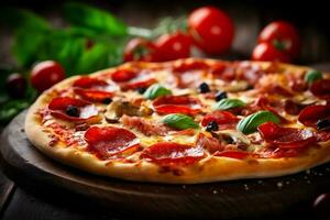 Pizza Tomate oben Aussicht Essen Italienisch Mahlzeit Hintergrund Raum Essen Käse Kopieren schnell schwarz. generativ ai. foto