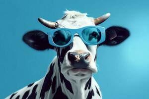 Raum Blau Kopieren Porträt Gesicht Sonnenbrille Brille Kuh komisch Hintergrund Tier Kopf. generativ ai. foto