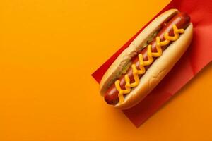 Hund heiß Fleisch Soße Essen genießen Brot Hintergrund amerikanisch schnell Wurst. generativ ai. foto
