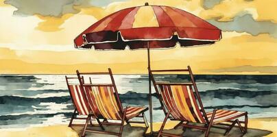 sich ausruhen Sommer- Strand entspannen Hintergrund Resort Regenschirm heiß Stuhl Ferien Aquarell. generativ ai. foto