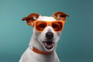 Hund Orange Lächeln Sonnenbrille Tier süß Porträt Hintergrund komisch isoliert Haustier. generativ ai. foto