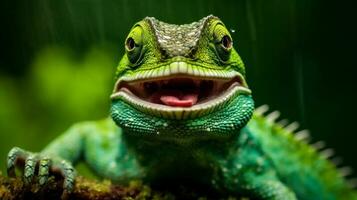 Nahansicht Eidechse Reptil Tier Brille Grün Leguan Rahmen Tierwelt Porträt. generativ ai. foto