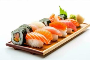 Weiß japanisch Reis Hintergrund rollen Essen gesund Sushi einstellen Meeresfrüchte Fisch. generativ ai. foto