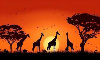 Elefant Silhouette Tierwelt Safari Natur Sonnenuntergang Afrika wild Tier Giraffe. generativ ai. foto