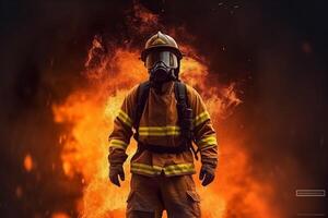 Kämpfer Feuer Feuerwehrmann Feuerwehrmann Sicherheit Notfall Rettung Rauch Ausrüstung Uniform. generativ ai. foto