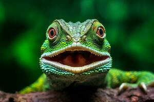 Eidechse Reptil Rahmen Tier Tierwelt Porträt Nahansicht Brille Grün Leguan. generativ ai. foto