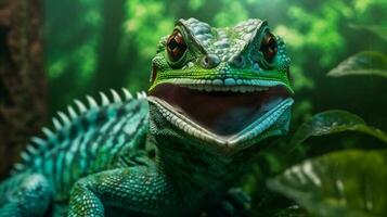 Eidechse Reptil Brille Leguan Porträt Tier Rahmen Nahansicht Tierwelt grün. generativ ai. foto
