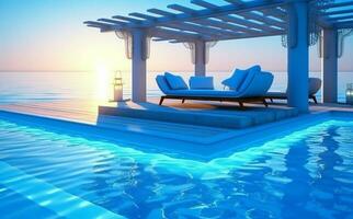 Resort Schwimmbad Sommer- Ferien Nacht Wasser Urlaub Luxus groß Licht. generativ ai. foto