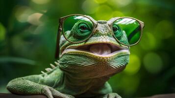 Leguan Grün Tier Eidechse Reptil Rahmen Tierwelt Nahansicht Brille Porträt. generativ ai. foto