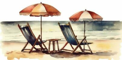 sich ausruhen Hintergrund Strand Regenschirm Sommer- Resort Stuhl Liege Ferien Aquarell entspannen. generativ ai. foto